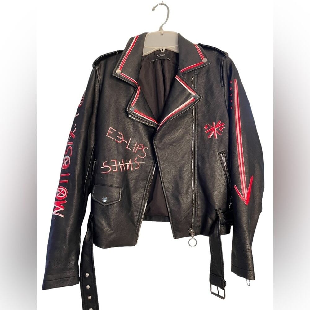 ZARA Moto Jacket Women S Biker Streetwear Leather Graphic Print Belted Zip Black
